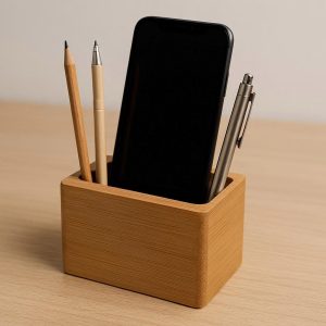 Bamboo Wood Desktop Pen Pencil Holder with Phone Slot Natural
