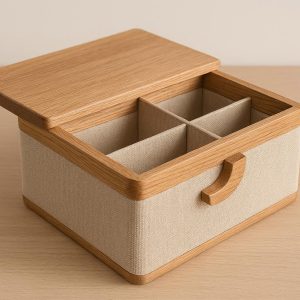 Wood and Fabric Desk Storage Box with Lid and Dividers Customizable