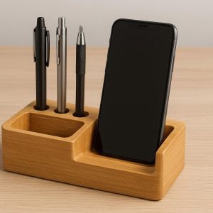 Bamboo Desktop Organizer with Phone Stand and Pen Slots Modern