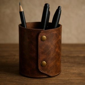 Leather Wrap Around Pen Cup with Brass Rivets Vintage Style