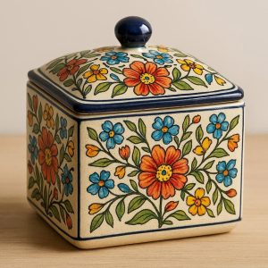 Decorative Ceramic Desktop Storage Box with Hand Painted Floral Design